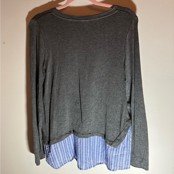 Kensie Gray w/ Blue White Striped Bottom Lightweight Long Sleeve Women’s Tee - Picture 4 of 7